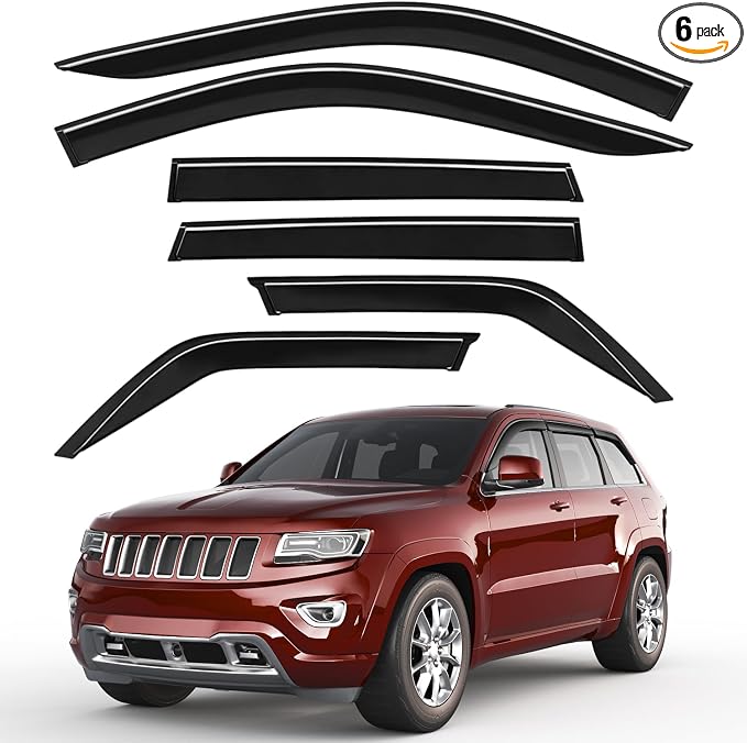 6pcs Outside-Mount Window Rain Guards Fit for 2011-2021 Jeep Grand Cherokee, Extra Durable Window Visors Wind Deflector Dark Smoke Vent Shades Car Tape-on 6-pcs with Thicker
