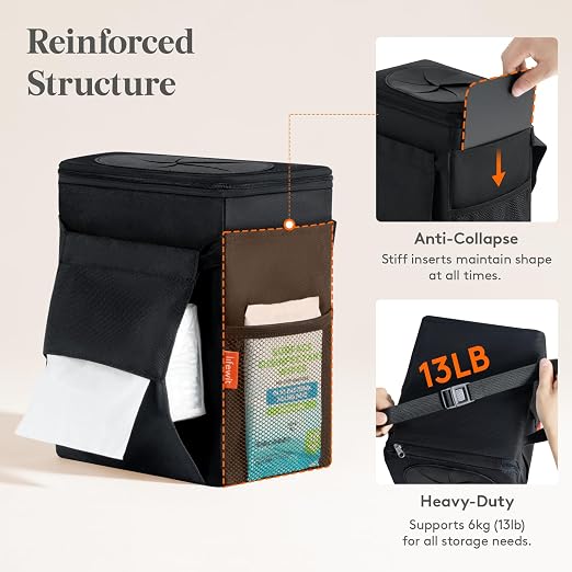 Car Trash Bin, 2 Gallon Leakproof Waterproof Vehicle Garbage Can with Lid & Tissue Holder, Car Interior Organizer for Front/Back/Console, Automotive Accessory, Black