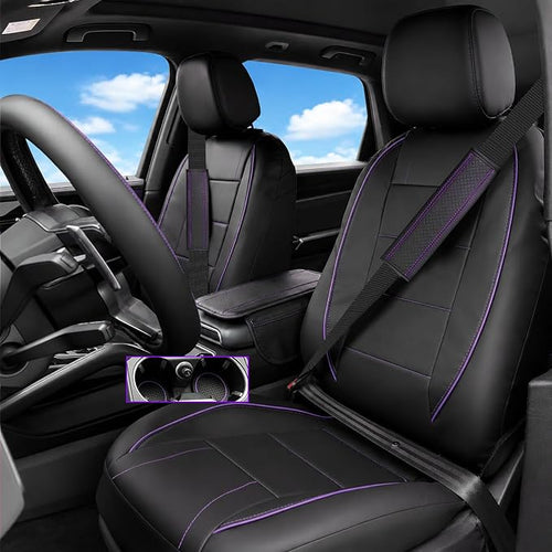 14 PCS Leather Car Seat Covers Full Set, 14.5”-15'' Sporty Steering Wheel Cover Universal, Center Console Cover, Seat Belt Cushion, Cup Holder Coaster, Car Interior Set Purple