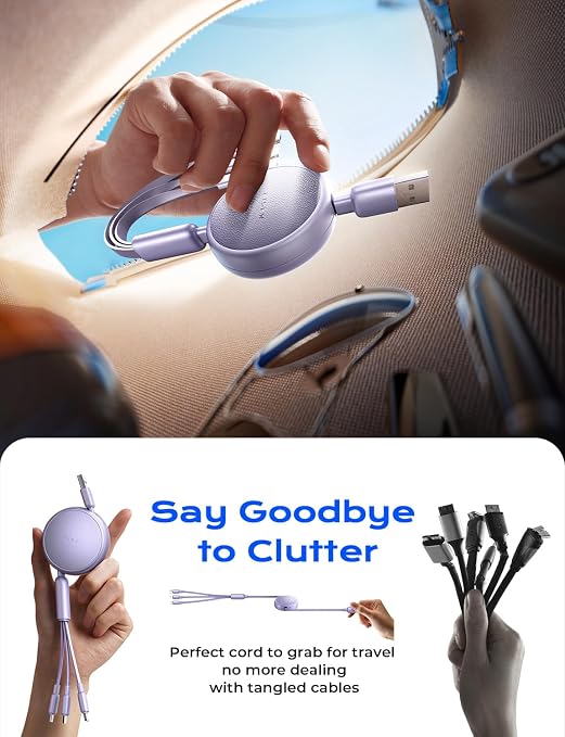 3 in 1 Retractable Car & iPhone Charger Cord, Type C/L/Micro USB for iPhone/Samsung/PS/Kindle, Purple