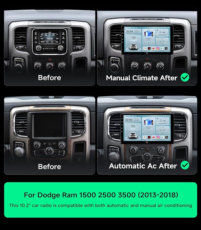 Car Radio Stereo for Dodge Ram 1500 2500 3500 13-18, CarPlay Android Auto | 10.2-inch HD touchscreen, 64G storage, 5G WiFi GPS, wireless phone link, Bluetooth FM AM SWC, plug-and-play, HD backup camera
