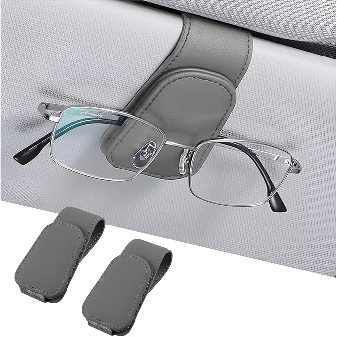 Sunglasses Holders for Car Sun Visor, Leather Eyeglasses Hanger Mounter, Magnetic Glasses Holder and Ticket Card Clip, Auto Interior Accessories Universal for SUV Pickup Truck