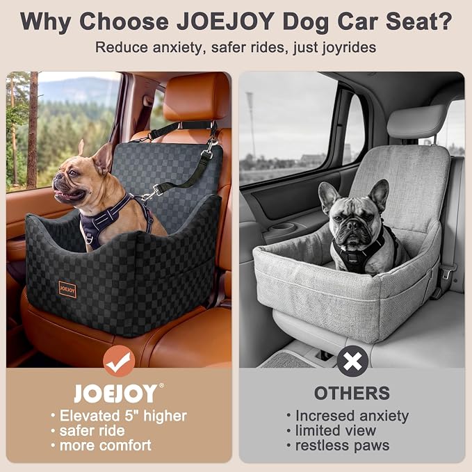 Elevated Dog Car Seat for Small/Medium Dogs up to 35 lbs, Memory Foam Booster Seat with Detachable Washable Cover, Travel-Safe Car Bed with Safety Belts & Storage Pockets, Dark Grey