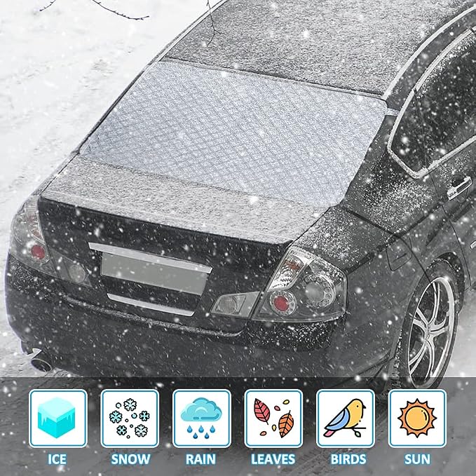 Car Rear Windshield Snow Ice Cover, Windproof Rear Windscreen Snow Cover with 2 Elastic Hooks, 4 Magnets, All-Weather Waterproof Winter Ice Frost Snow Protector for Most Sedans Cars