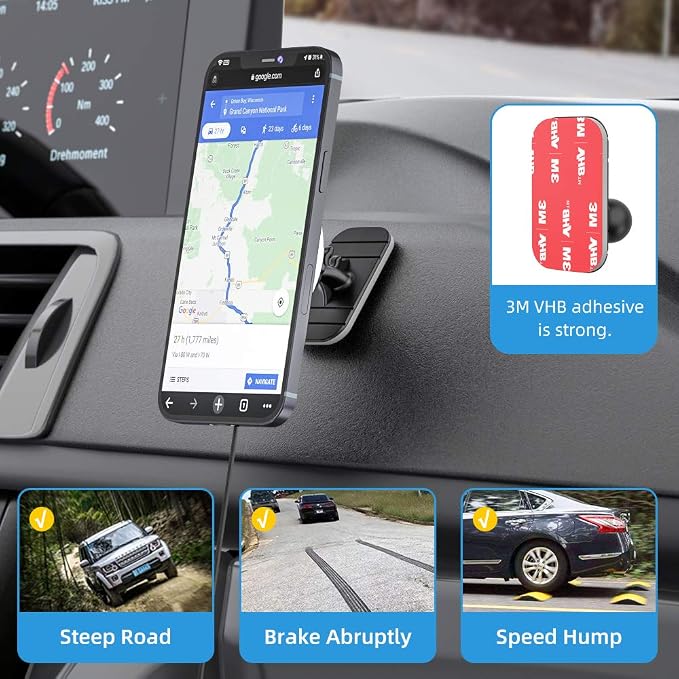 for MagSafe Car Mount Charger iPhone Wireless Car Charger, Stick on Dashboard Magnetic Phone Holder Mount for iPhone 17 Pro Max 16 15 14 Series, 15W Fast Charging, Aluminum Shell