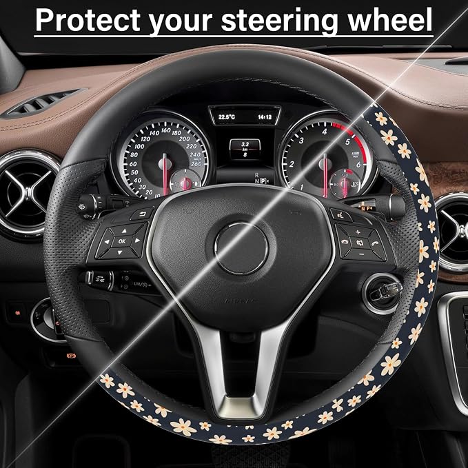 Steering Wheel Cover Neoprene Material Most Cars Men&Women Universal 15 inch Premium Non-Slip Spring Steering Wheel Protector Floral Car Accessories (Daisy Flower)