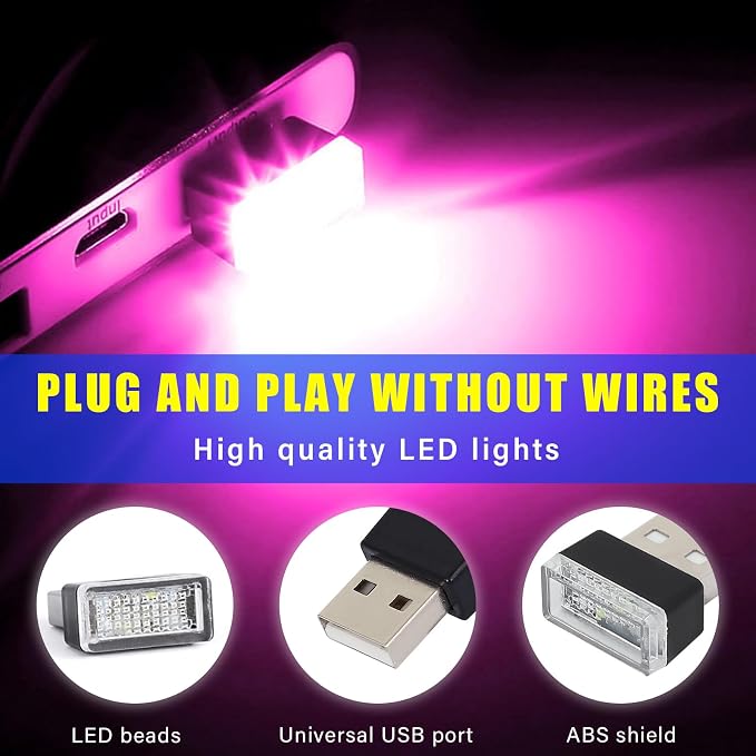 4 PCS USB LED Car Interior Atmosphere Lamp, Plug-in USB Decor Night Light, Portable Auto Ambient Lighting Kit, Universal Vehicle Interior Accessories for Most Cars (Purple)