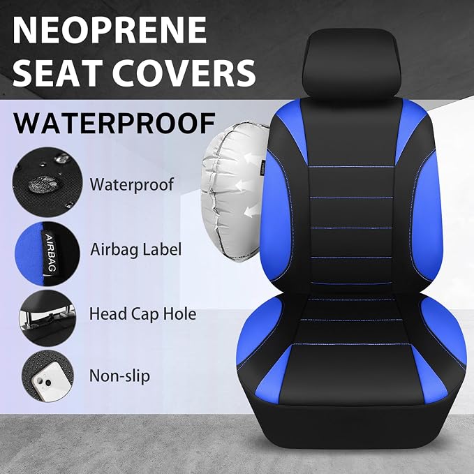 Neoprene Wetsuit Seat Covers, Waterproof Car Seat Covers Front with 5mm Composite EVA, Universal Fit for Car,Sedan SUV Trucks Anti Slip, Airbag Compatible(Black and Blue