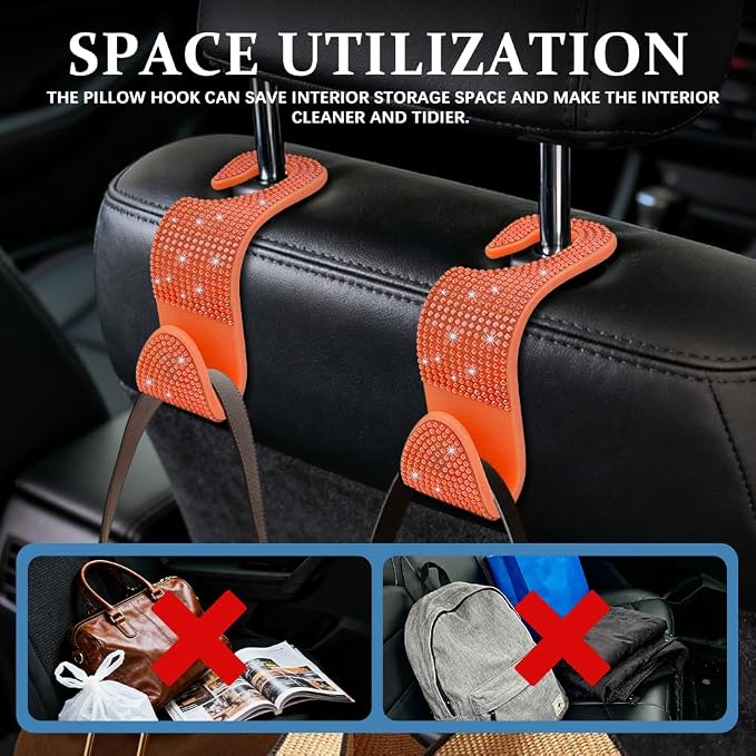 4PCS Bling Car Seat Headrest Hooks, Purse Holder for Car, Vehicle Back Seat Purse Handbag Hanging Holder with Crystal Rhinestone, Diamond Car Rear Seat Organizer for Vehicles (Orange)
