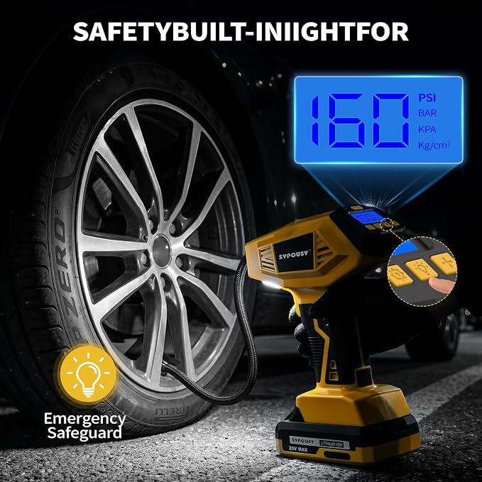 Upgraded Cordless Tire Inflator Portable Air Compressor - Adapter Compatible with DeWalt 20V Battery, With Rechargeable Battery, 160 PSI 4X Fast Air Pump, Dual Power Modes for Car, Motorcycle, E-Bike