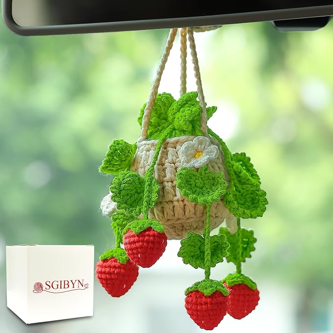 Crochet Hanging Plant for Car,Car Decorations Interior,Plant Strawberry Aesthetic Car Accessories for Women Interior Cute,Car Ornaments Charms for Rear View Mirror,Boho Car Decoration Gifts