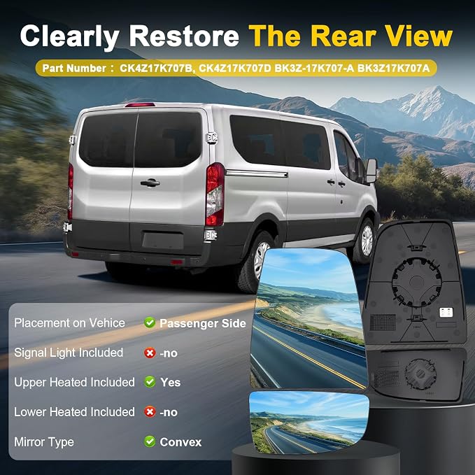 Passenger Side Up and Lower Mirror Glass Compatible with 2015-2025 Ford Transit 150 250 350 2023-2025 E-Transit Replace CK4Z17K707D