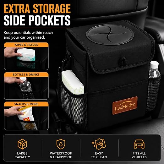 Car Trash Can Premium 3-Gallon Waterproof with Lid, Foldable Leakproof Auto Garbage Bin Organizer with Adjustable Strap, Reflective Interior & Mesh Storage Pockets (Black)