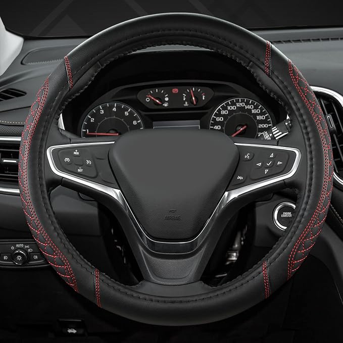 Customized Auto Car Steering Wheel Cover for Chevy Silverado,Tahoe,Equinox,Traverse,Trailblazer,Colorado (Diamond Quilted-Black+Red-Standard Size)