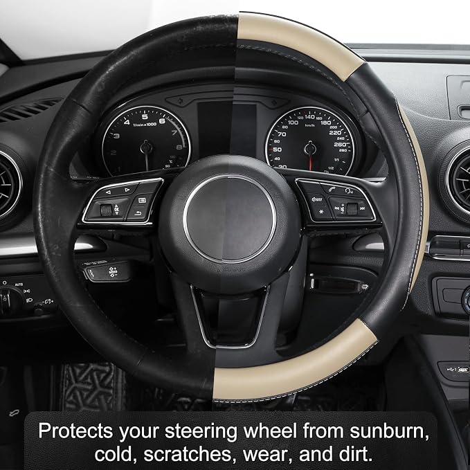 Car Steering Wheel Cover Large-Size for F150 F250 F350 Ram 4Runner Tacoma Tundra Range Rover with 15 1/2 inches-16 inches Outer Diameter, Black and Beige Microfiber Leather