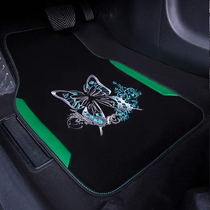 Embroidery Butterfly Car Floor Mats, Green Carpet Floor mats with Heel Pad, Universal Fit for Suvs,Sedans,Trucks,Cars, Set of 4 (Black and Green)