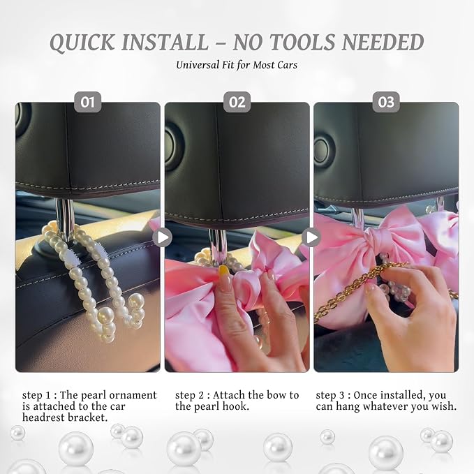 2 PCS Bow Pearl Car Seat Headrest Hook – Cute Purse Hook for Car, Girly Interior Decoration Accessories Hook Hanger, Seatback Holder for Purses & Bags, Elegant Car Organizer (Moonlight Grey)
