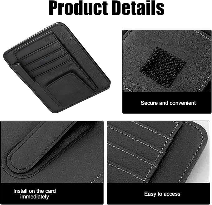 Car Sun Visor Organizer, Multi-Pocket Leather Auto Visor Storage Bag with Clip-on Design, Car Interior Organizer for Cards, License, Sunglasses and Pens, Universal for Most Cars (Black)