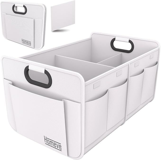 Car Trunk Organizer for SUV, 18.5Gal Large Capacity No-Sag Heavy Duty, Foldable Waterproof Anti-Slip Storage with 12 Pockets, Fit Sedan, Truck, Universal Car Accessories, White, 2 Compart,Large