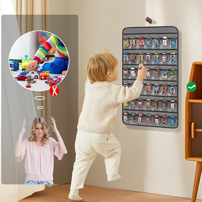 Toy Cars Wheels Storage Holder Matchbox Cars Organizer Dual Sided Hanging Toy Cars Display Case with 84 Clear Pockets (Dual Sides-Grey)