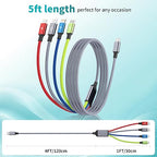 USB C Multi Charging Cable 1Pack 5FT, 4 in 1 Charging Cable Nylon Braided USB-C Multiple Charger Cord with Micro USB,IP Port and 2 Type C Adapter Port for iPhone 17/16 Series/Cell Phones and More