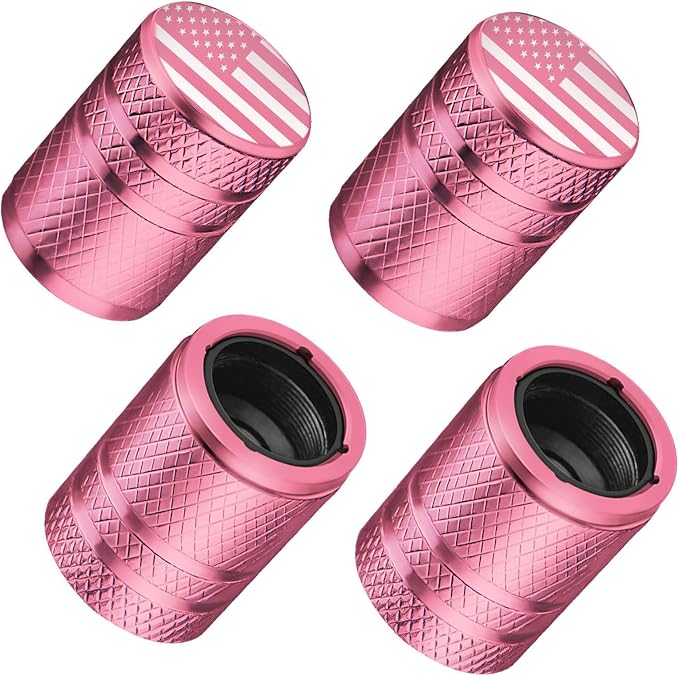 Tire Valve Stem Caps - (4 Pack) American Flag Metal Air Caps with Plastic Liner, Durable, Corrosion Resistant and Leak-Proof, Universal Fit for Cars, Trucks, Motorcycles, and Bikes - Pink