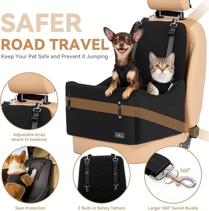 Dog Booster Car Seat for Small/Medium Dogs Up to 35 lbs – Patented Safety System, 5" Memory Foam Pet Car Seat, Fully Detachable and Washable Cover, Front/Back Seat Travel Booster (Black)