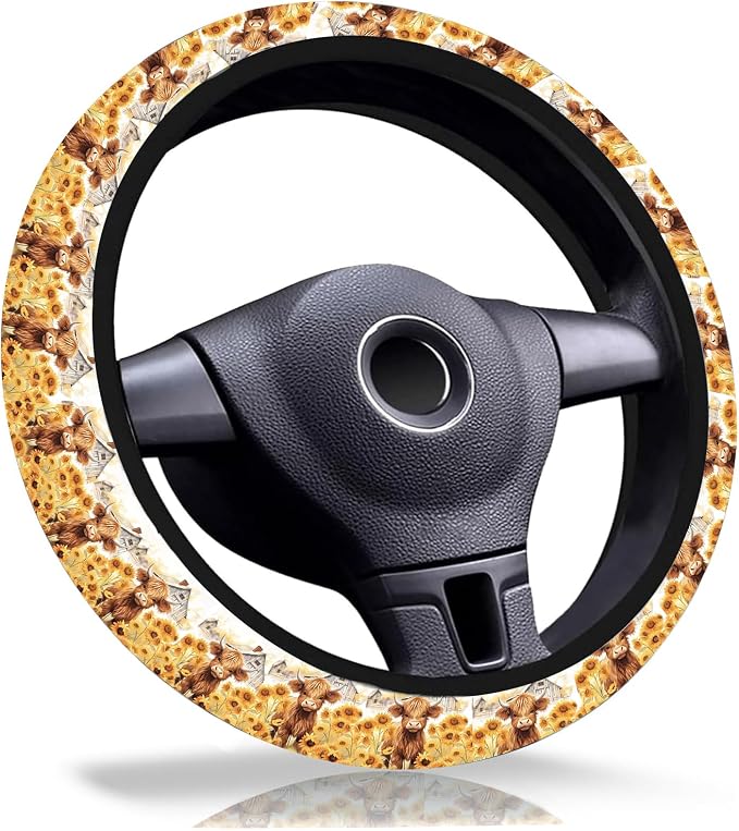 Highland Cow Steering Wheel Cover 15 Inch Universal Neoprene Steering Cover | Sunflower Cow Car Accessories Decor Non-Slip Fit Auto SUV Truck, Cows Gifts for Women Men Birthdays Festivals