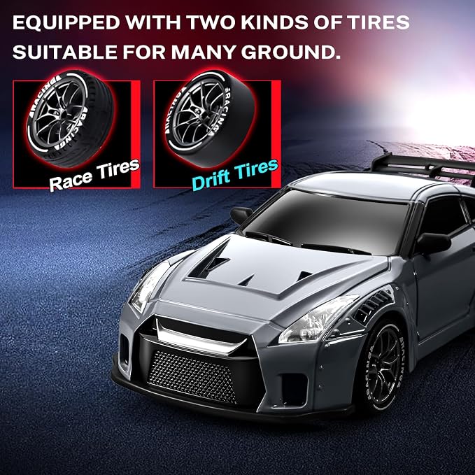 RC Drift Car, 1:24 Remote Control Car for Kids, 20KM/H 4WD High Speed RC Cars with Lights, Extra Racing Tires, Vehicle for Adults Boys Girls, Gray