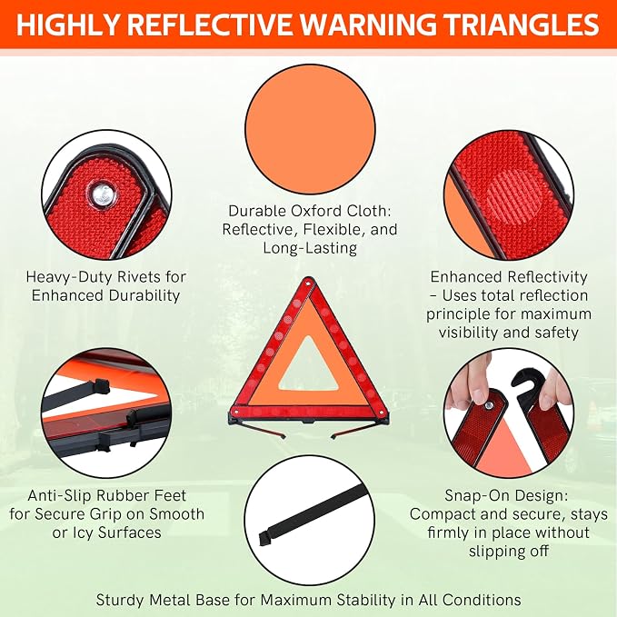 2 Pack Emergency Warning Triangle and Reflective Safety Vest Set – Foldable Reflective Roadside Triangles, Essential Car Emergency Kit for Vehicle Breakdowns and Road Safety