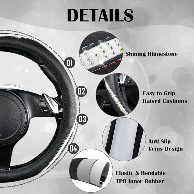 Bling Diamond Black Leather Steering Wheel Cover, Studded Crystal Rhinestones Universal Fit 14" 1/2-15" Glitter for Women Sparkle Girl Fit Suvs,Vans,Sedans,Car,Trucks, Multicolor Diamond