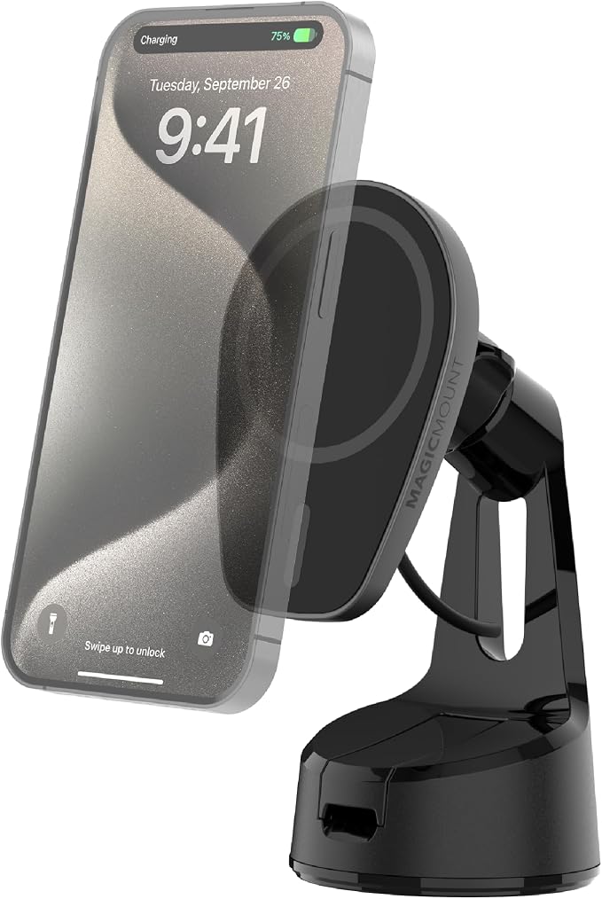 MPQMWD Charge Pro Qi2 MagSafe Charger Car Mount, 15W Fast Magnetic Wireless Charging Suction Cup Phone Holder for Dashboard/Windshield Compatible with iPhone 16/15/14/13/12 Pro Max Plus, S25