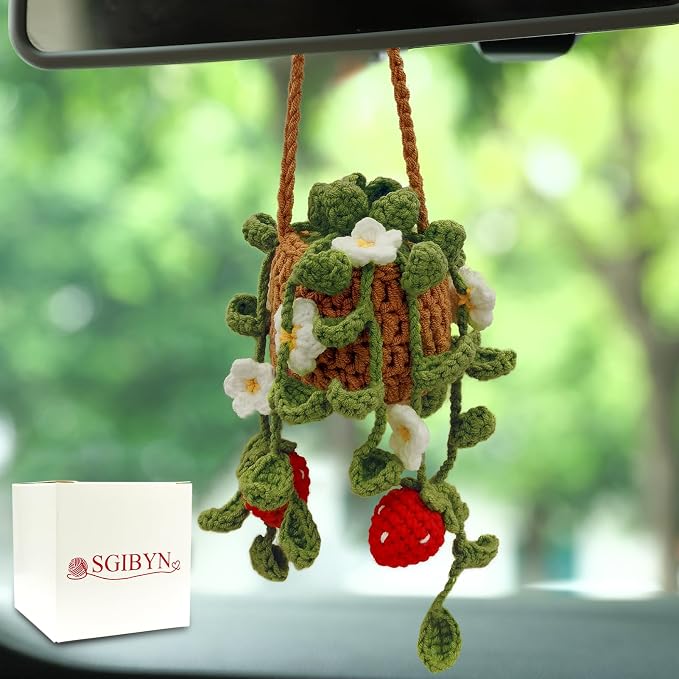 Crochet Hanging Plant for Car,Car Decorations Interior,Plant Aesthetic Car Accessories for Women Interior Cute,Car Ornaments Charms for Rear View Mirror,Boho Car Decoration Gifts