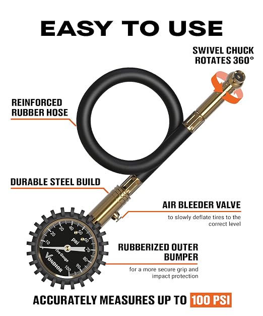 Tire Pressure Gauge (0-100 PSI) - Certified ANSI B40.1 Tire Gauge for Cars and Trucks, Large 2" Glow Dial Easy-Read Tire Gauges for Tire Pressure Car Accessories