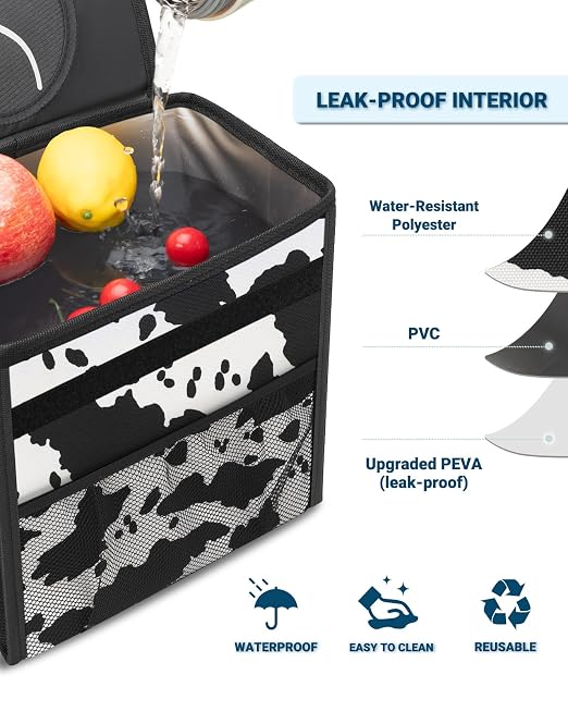 Car Trash Can with Lid, Leakproof Car Trash Bag Hanging Waterproof Automotive Garbage Can with Storage Pockets Mini Vehicle Trash Bin for Back/Front Seat(Cow Print,2.5 Gallon)