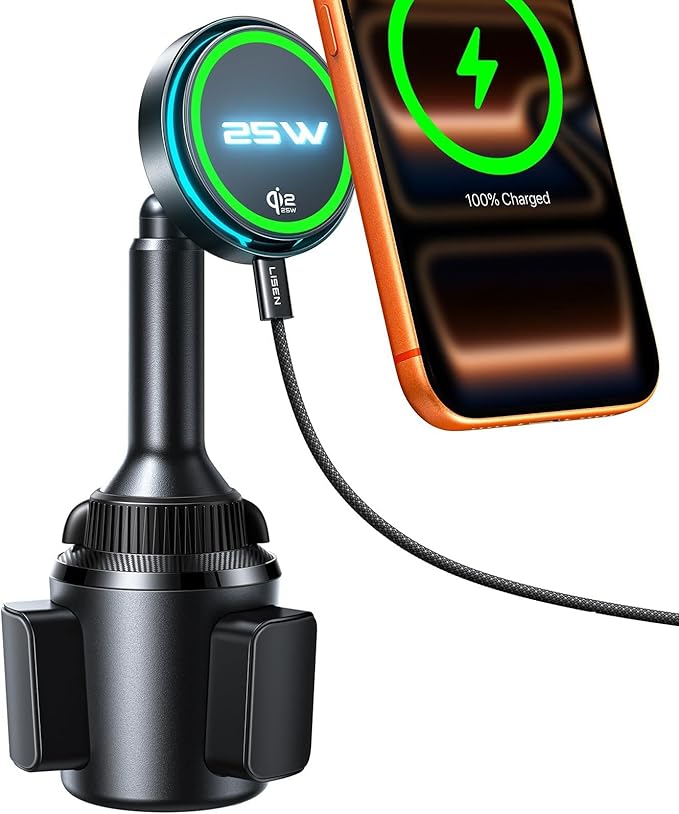 for Qi2.2 25W MagSafe Car Mount Charger Cup Holder Mount, [Designed for iPhone] Cooling Magnetic Wireless Car Charger, Cup Holder Phone Holders 25W for iPhone 17 16, 15W for iPhone 15 14 13 12