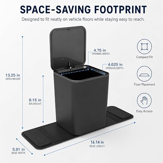 Mini Car Trash Can with Press Lid, Leakproof One-Piece Design, ABS Plastic Garbage Bin with Stainless Steel Spring for Auto Interior (Black)