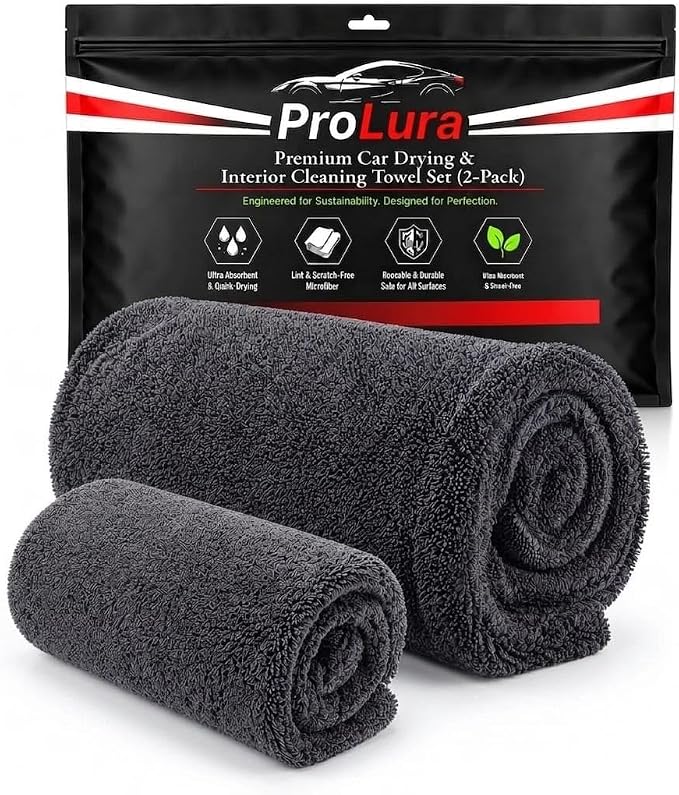 Microfiber Car Drying Towel & Interior Cleaning Cloth Set (2-Piece), 1300 GSM 24” x 36” Twisted Loop + 550 GSM 16” x 16” Coral Fleece, Streak-Free, Scratch-Free, Auto Detailing for Cars, Trucks & SUV