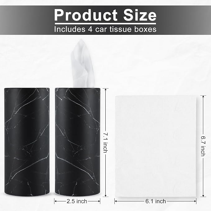 Tissue Holder, 4 Pack Car Cup Holder Facial Tissues with Travel Tissue Bag, Quick and Convenient Flower Combination Car Tissue Box(4 Canisters/200 Tissues) Black
