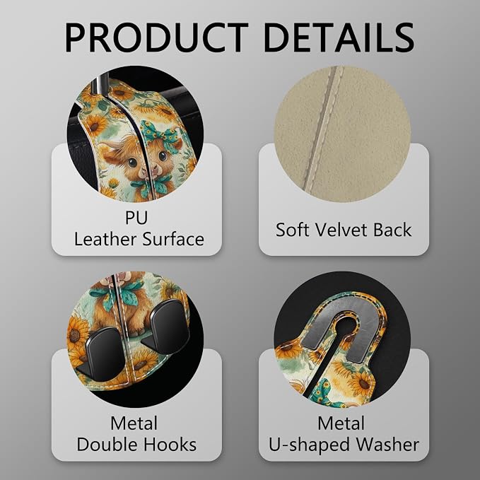 2PCS Car Hooks for Purses Bags, Highland Cow Cattle Artwork Modern Seat Back Storage Headrest Holder Hanger PU Leather Double Metal Backseat Organizer, Women Car Accessories Organization