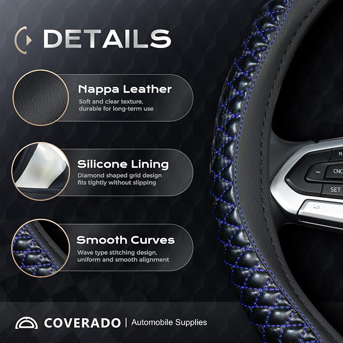 Coverado Nappa Leather Steering Wheel Cover Universal 14-15 Inch Anti-Slip Breathable Steering Wheel Protector Luxury Auto Decor for Men Women Blueline