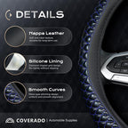 Coverado Nappa Leather Steering Wheel Cover Universal 14-15 Inch Anti-Slip Breathable Steering Wheel Protector Luxury Auto Decor for Men Women Blueline