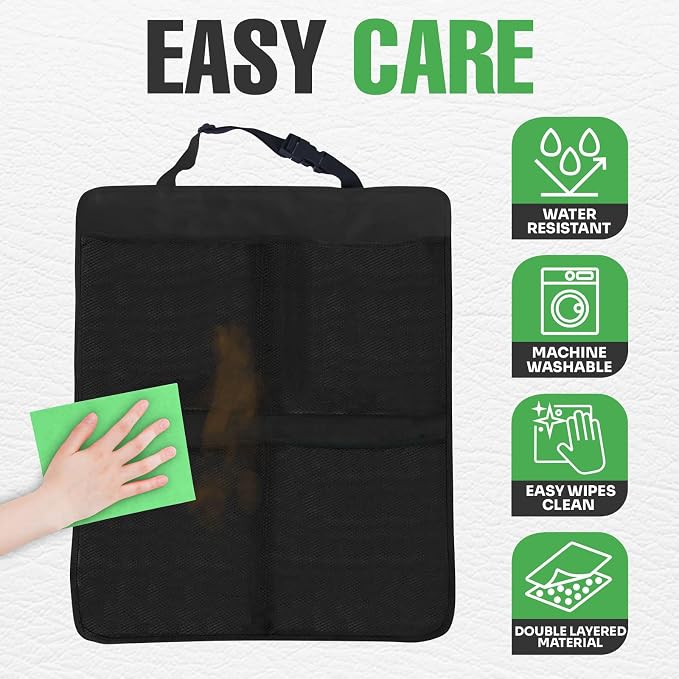 Back Seat Cover for Kids + 4 Pocket Storage Organizer, 2 Pack X-Large Waterproof Kick Mats Backseat Protector, Car Seat Back Protectors for Vehicles to Protect from Dirt, Mud & Scratches
