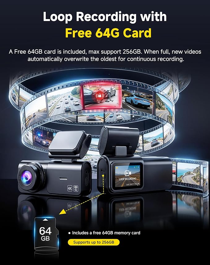 Dash Cam Front and Rear: 4K+2.5K Dashcam with 5G WiFi APP Control & 64GB Card - Dual Dash Camera for Cars with 24H Parking Mode Night Vision Loop Recording Emergency Lock (V3)