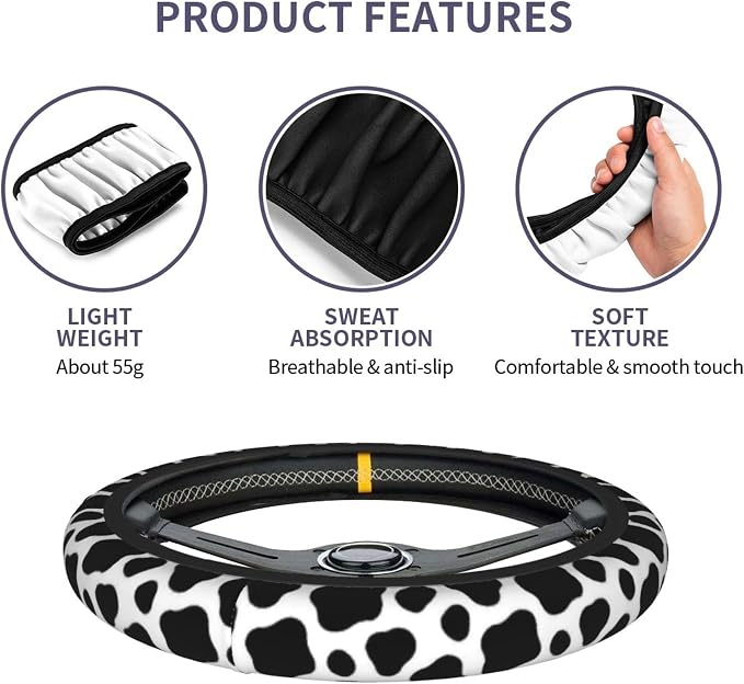 Cow Print Steering Wheel Cover - Cow Printe Steering Wheel Cover Anti-Slip Breathable 15 Inch Universal 2 Pcs Car Interior Cup Holder Pad for Men Women