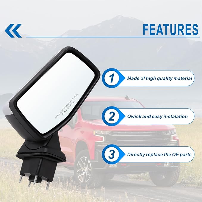 Right Passenger Side Mirror Compatible With 2019-2025 Chevy Silverado 1500 With Manual Folding Power Glass Temperature Sensor Non-Heated Without Turn Signal Chrome Replace#GM1321582(5Pins)