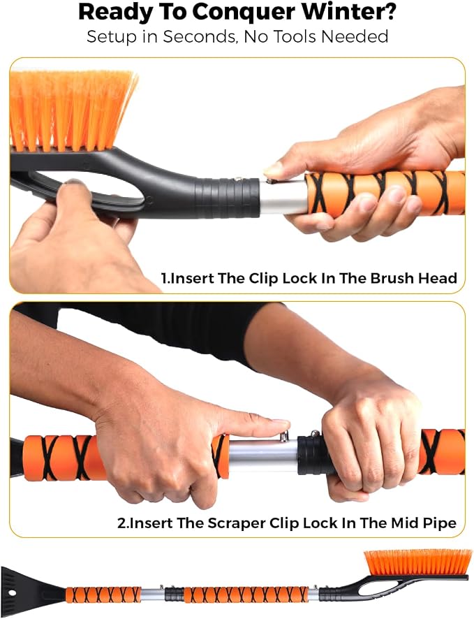 43" Ice Scrapers for Car Windshield Extendable | 3 Parts Detachable Telescopic Snow Brush for Car, Trucks, SUV | Long Snow Scraper with Brush | Car Winter Accessories (2 Pack)