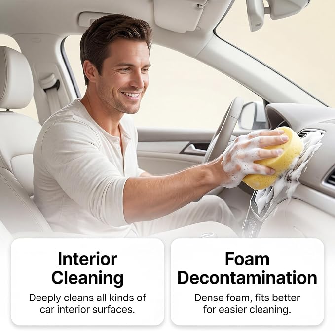 Car Interior Cleaner Foam Kit with Sponge & Towel, Multi Purpose Foam Cleaner for Leather, Fabric, Plastic & Upholstery, Deep Cleaning Car Dashboard Seats Carpet Headliner, Lemon Fresh Scent