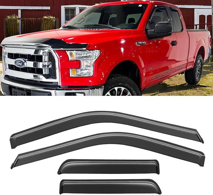 Side Window Visors Rain Guards Vent Deflectors for 2015-2025 Ford F150 Super Cab 2017-2025 F250/350 Super Duty SuperCab Rain Guards Sun Shade Dark Smoke 4PCS 94974