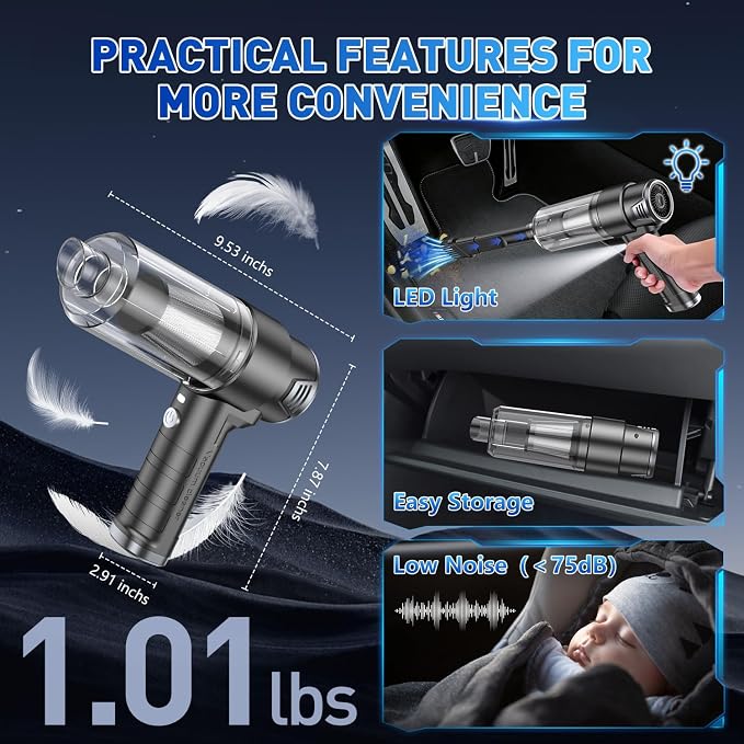 Handheld Car Vacuum Cleaner, 10000PA Vacuum Cleaner & Air Duster, 120W High Power Hand Held Vacuum Cordless, Portable Vacuum Rechargeable with Multi-Nozzles & LED Light for Car, Home, Pet, Office